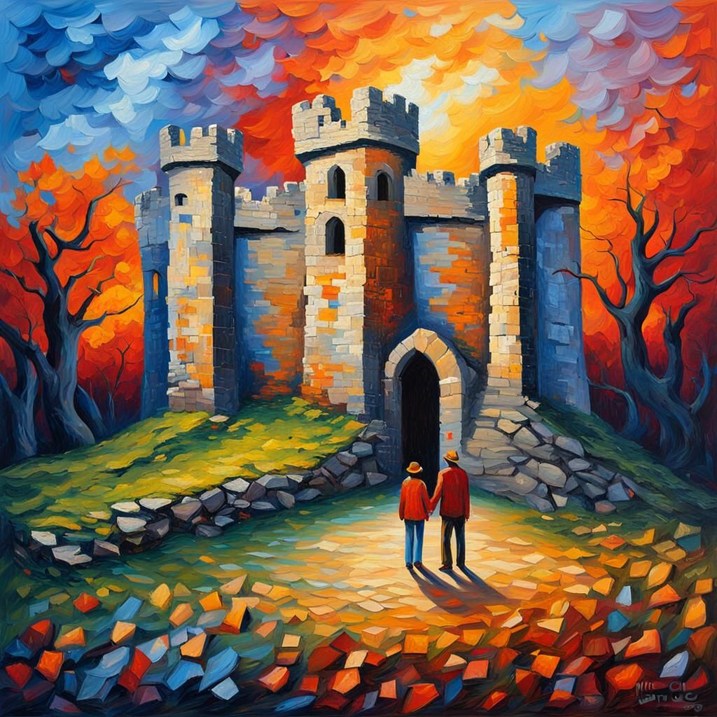 Lovers Meet at Castle Ruins in Neo-Impressionist Style