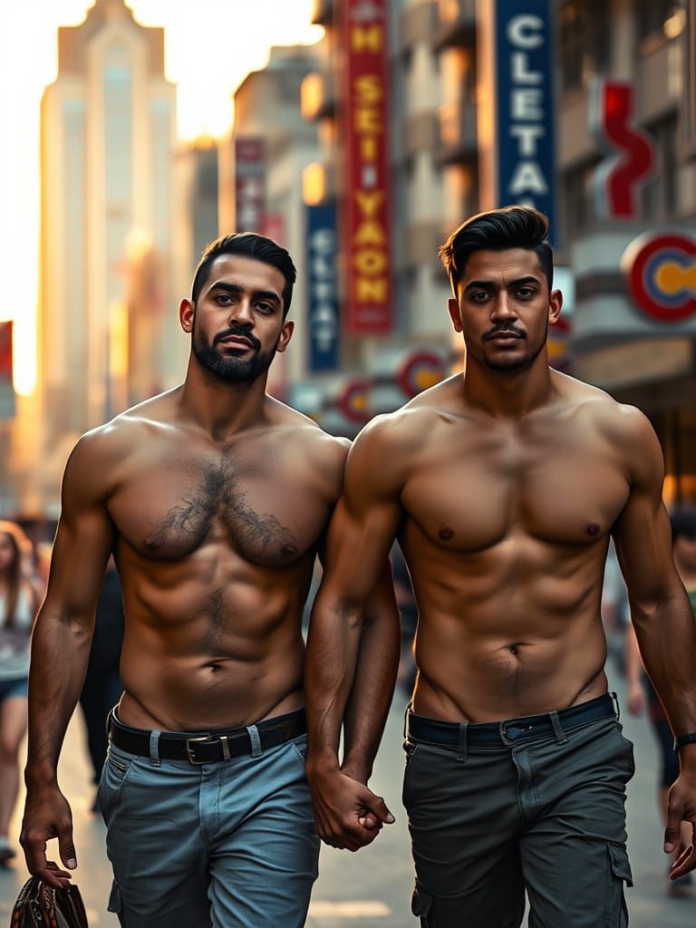 Gay Couple Embracing on a Vibrant Urban Street at Golden Hou...