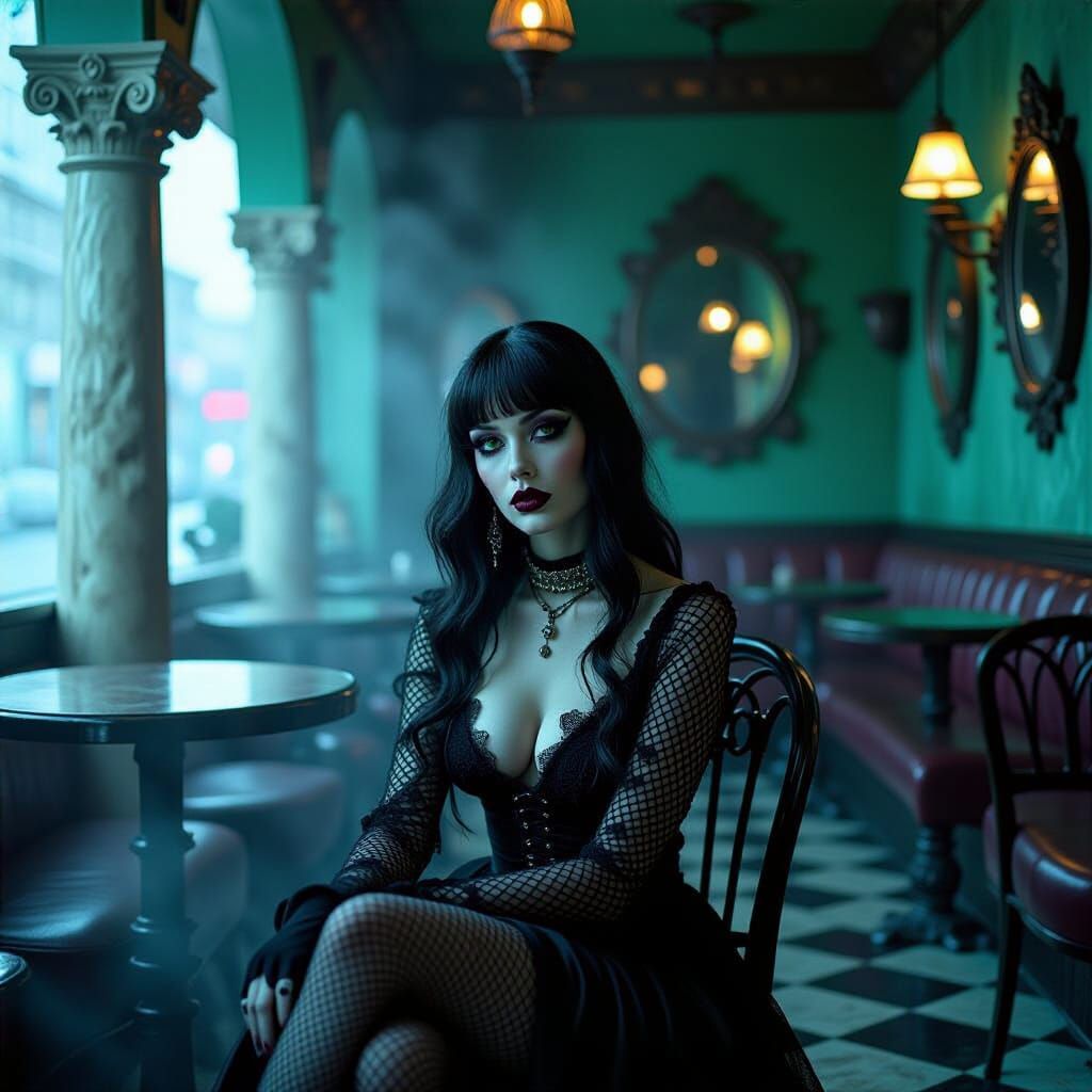 Gothic Model in Coffee Shop: Tim Burton-Inspired Dark Beauty