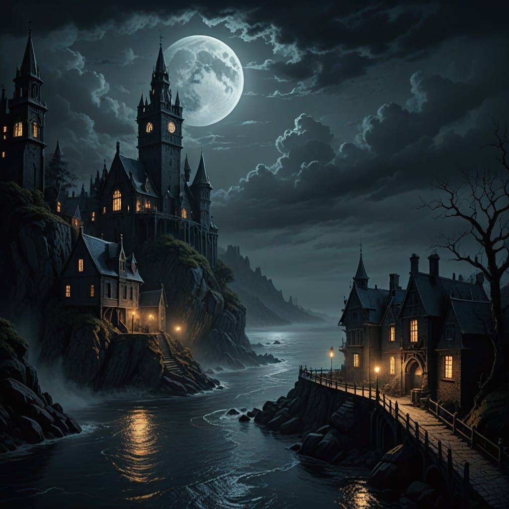 Gothic Cliffside Town in Dark Fantasy Style