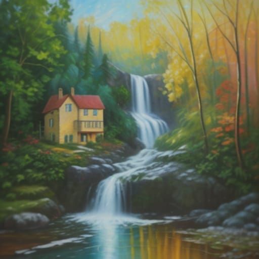 Small House by Waterfall in Neo-Impressionist Style