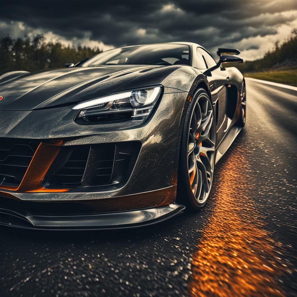 Hyperrealistic Sports Car on Highway in HDR