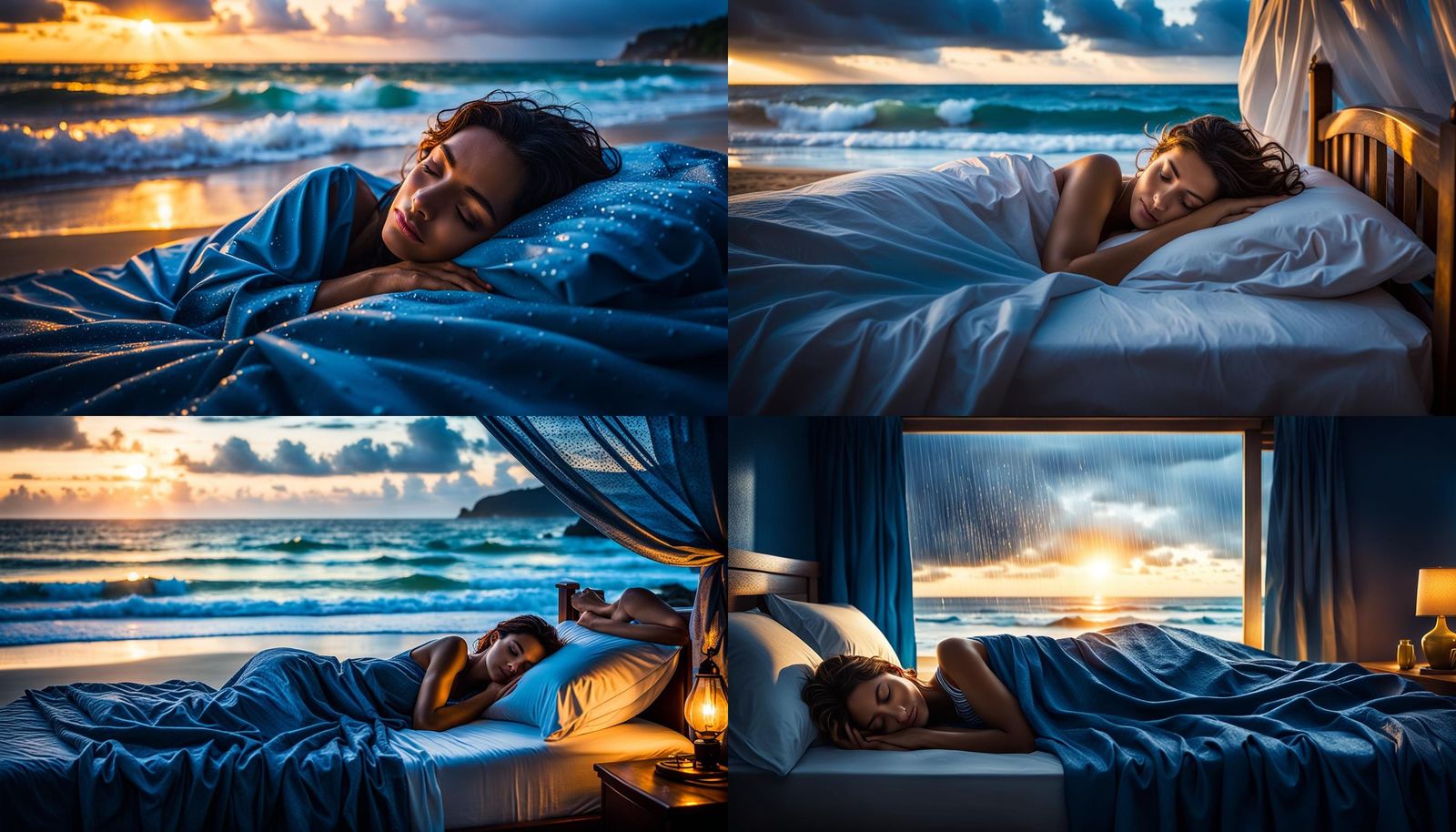Surreal Beach Sunrise: Woman Sleeping in Bed