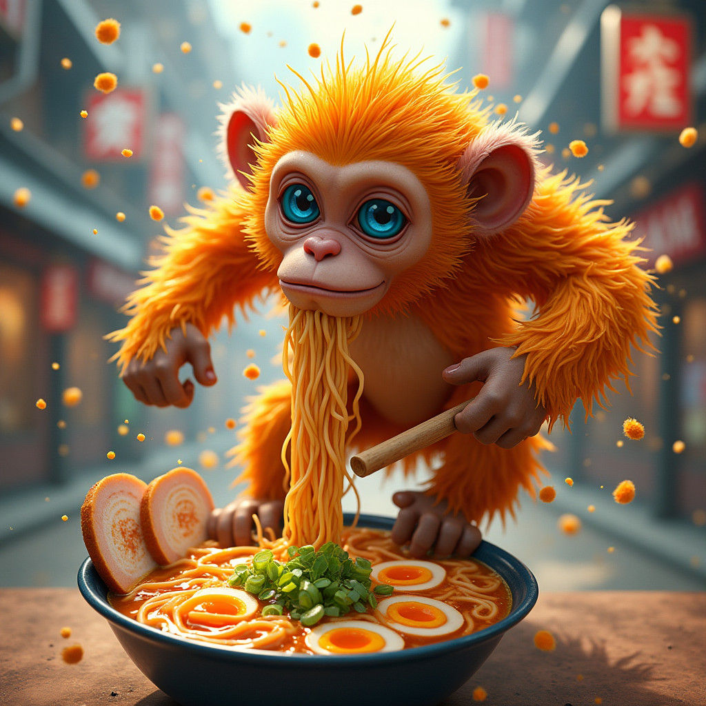 Ramen Noodle Monkey in Dreamlike Tokyo Streetscape