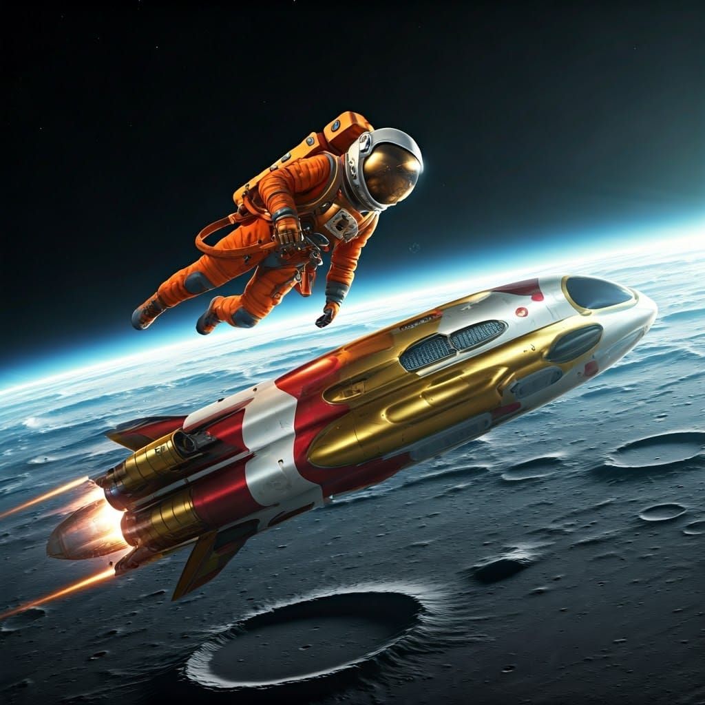 Astronaut in Vibrant Orange Spacesuit Flies Beside a Golden ...
