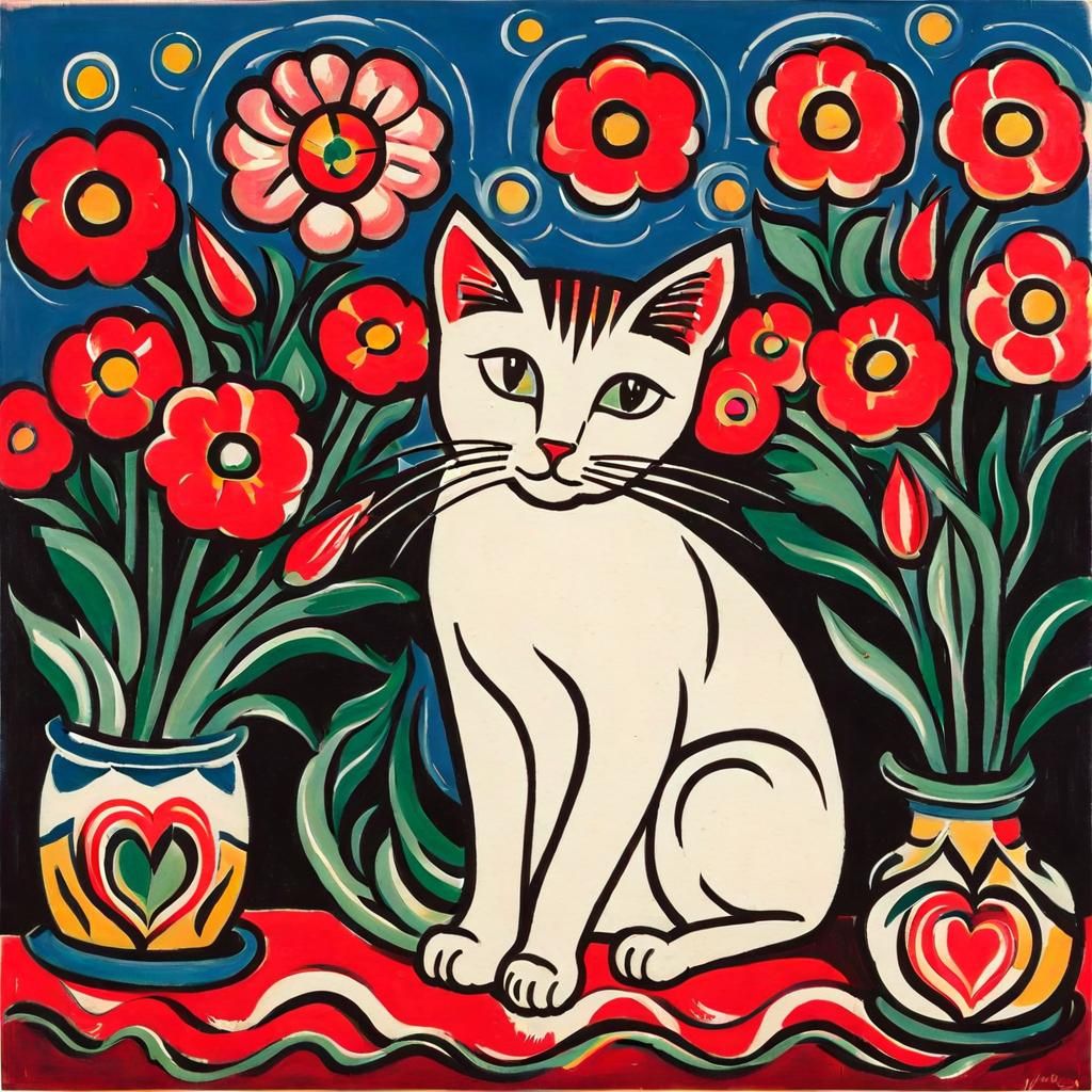 Cat on Pillow in Floral Heart Light, Expressionist Style