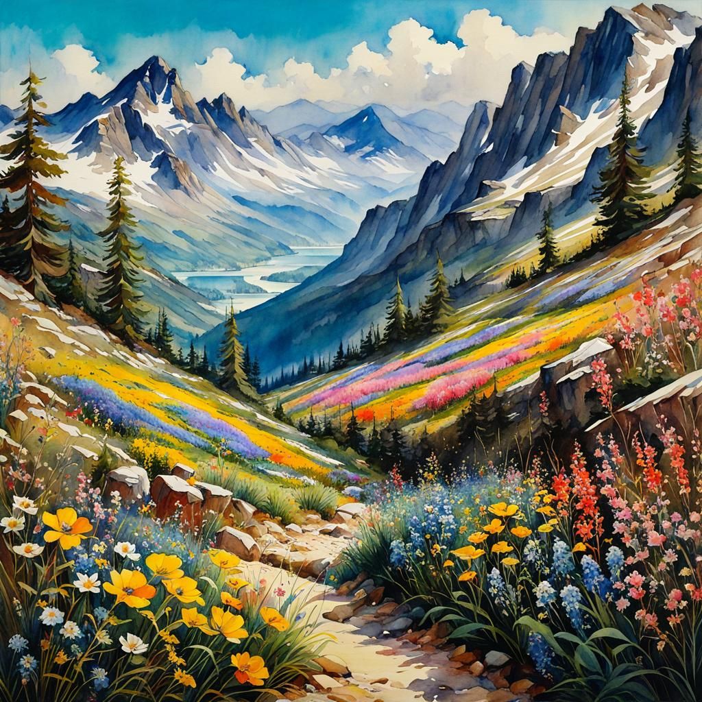 Watercolor Landscape with Wildflowers in Anime Style