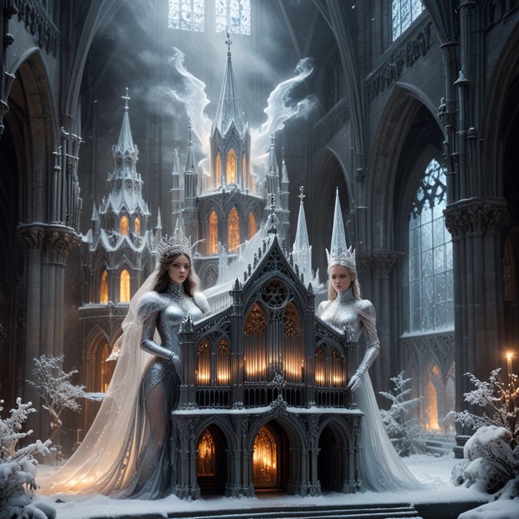 Epic Winter Silver Knight and Princess in Whimsical Cathedra...
