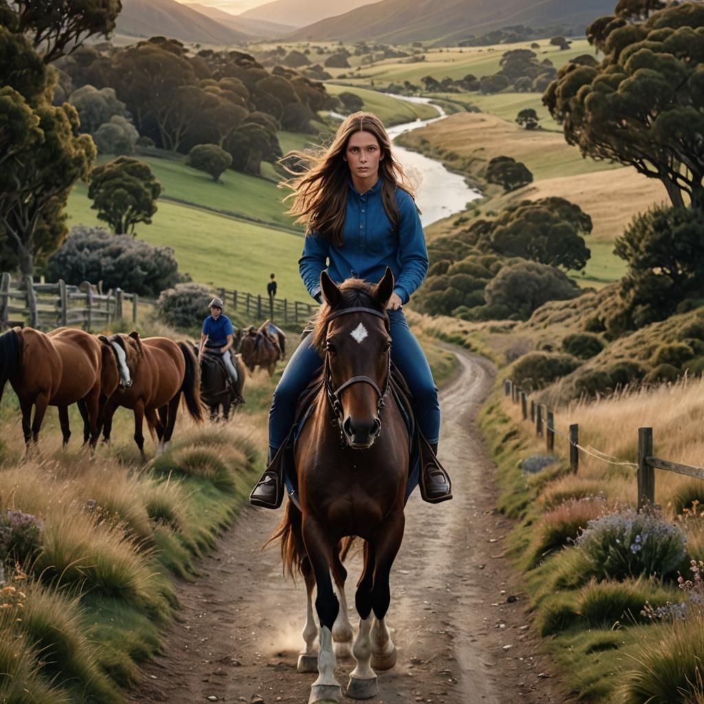 New Zealand Girl on Horseback, Matte Painting