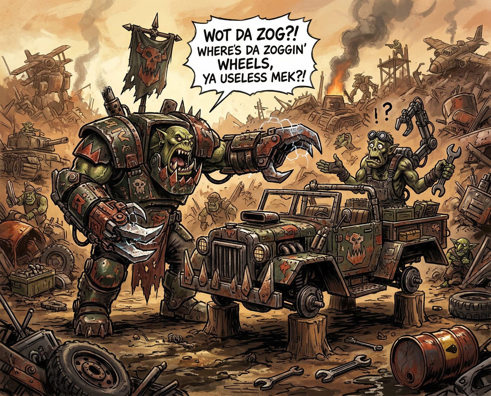 Warhammer 40k Ork Warboss Berates Mekboy Over Broken Trukk