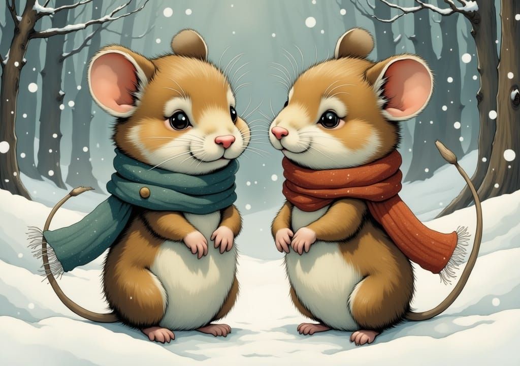 Whimsical Winter Mice in Vibrant Scarf