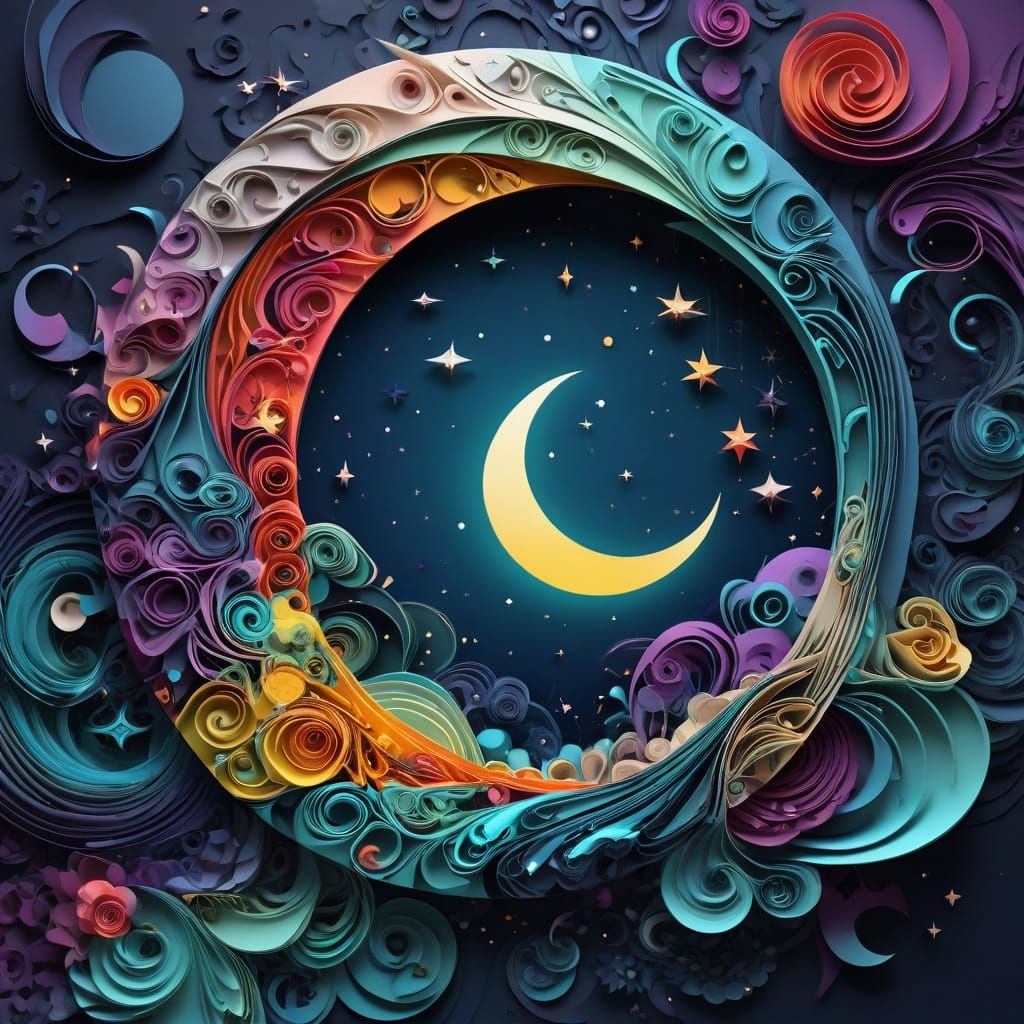 Origami Crescent Moon Amidst Cosmic Fractals