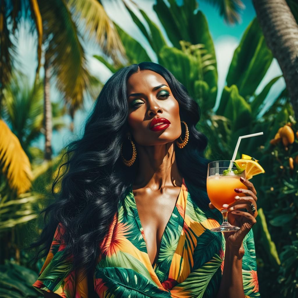 Beautiful black female model with long black hair in colorful clothes on a tropical island drinking a cocktail