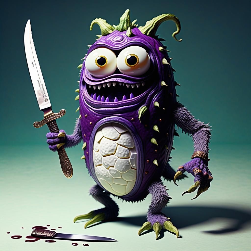 The once timid and meek EGGPLANT MONSTER  with a BUTTERKNIFE...