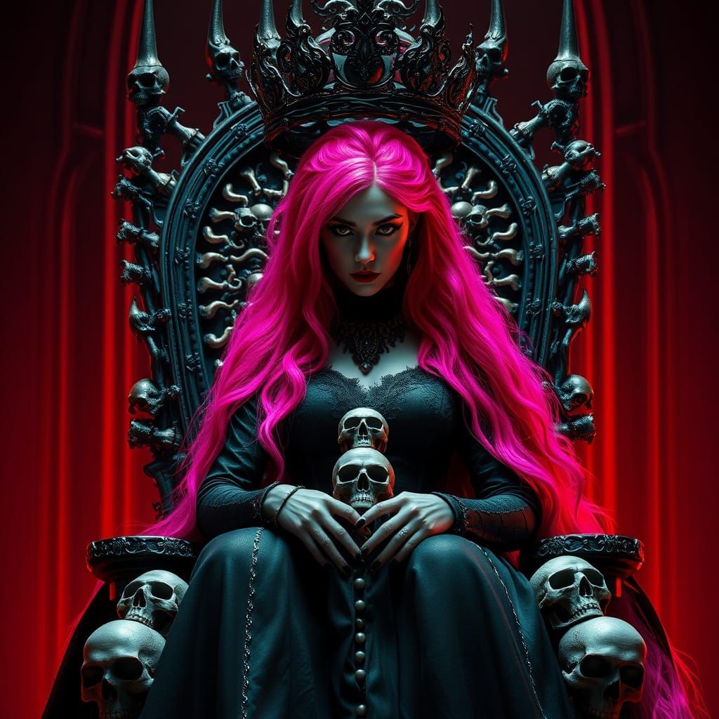 Gothic Queen in a Throne of Skulls, with Pink Hair and Black...