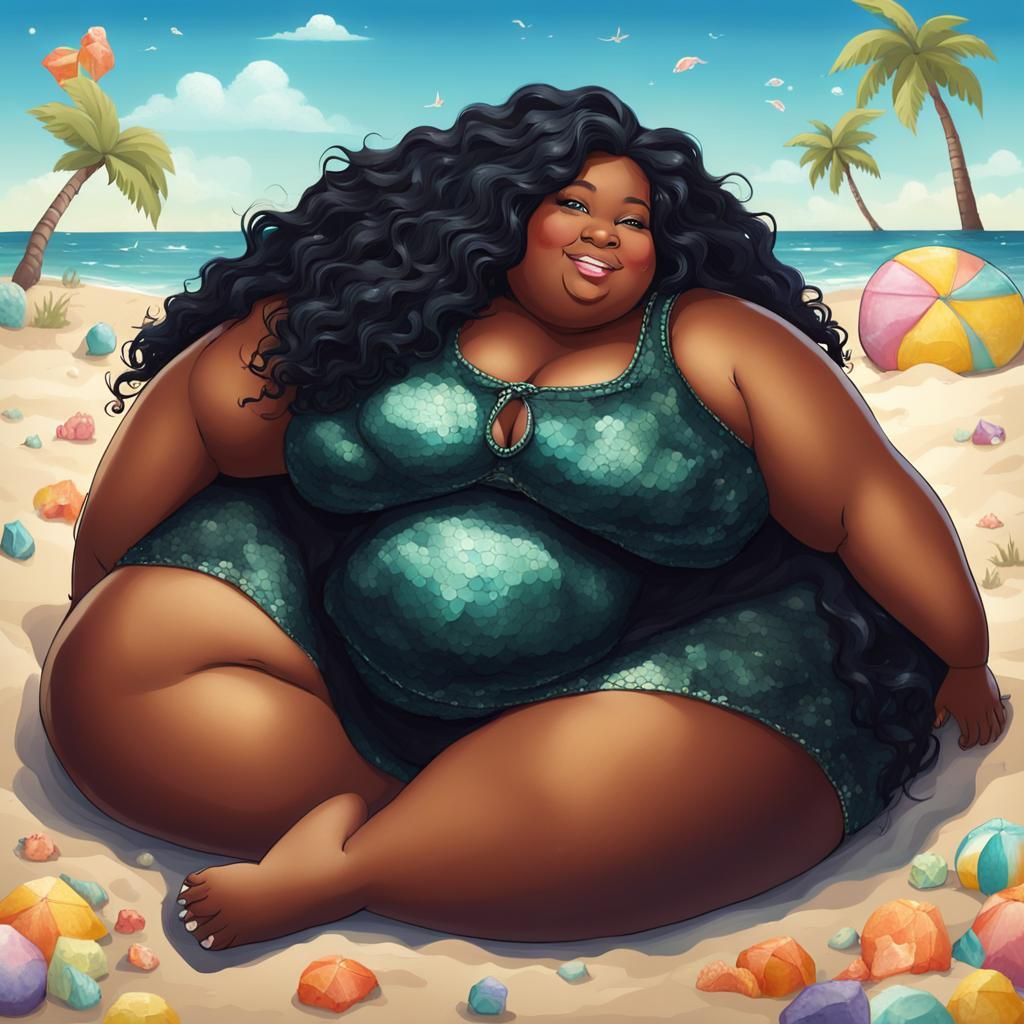 Beautiful Plus-Size Mermaid Relaxing on the Beach