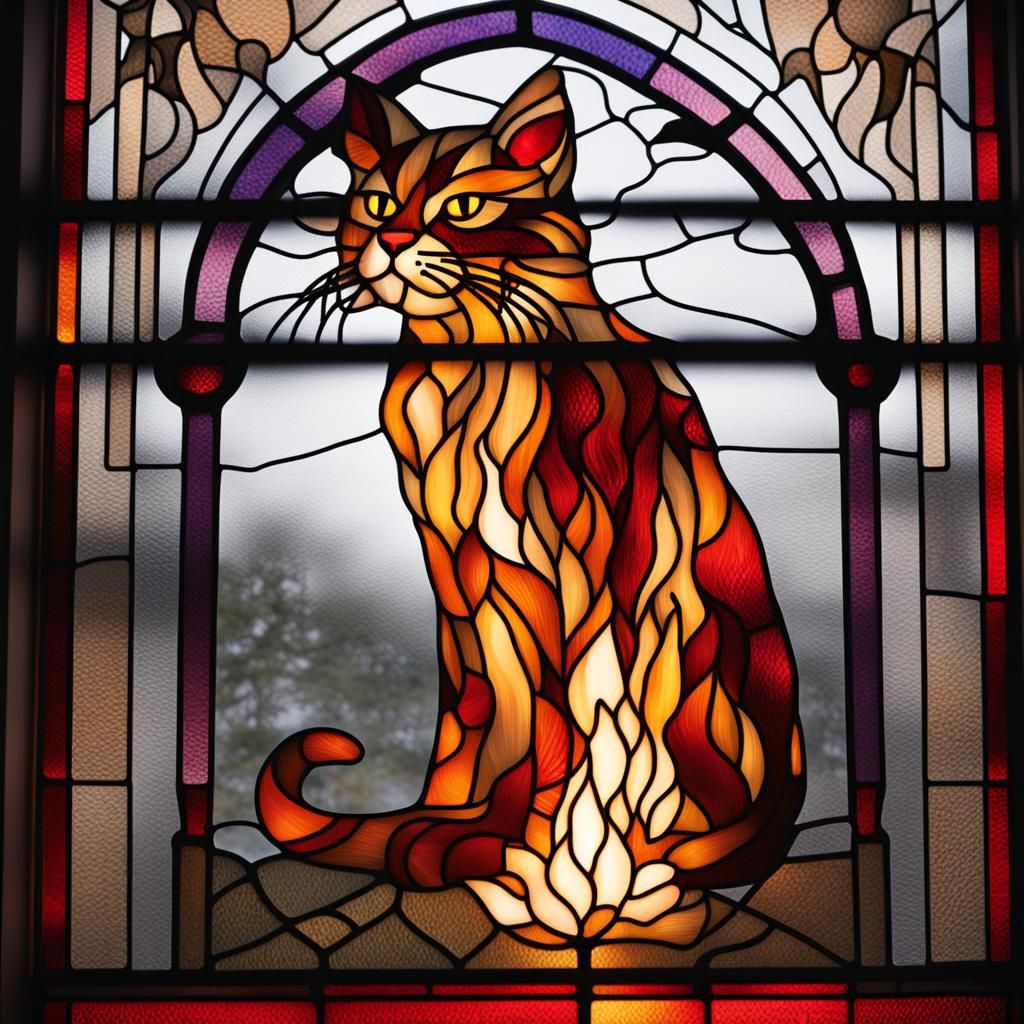 Fiery Feline: Stained Glass Window Art