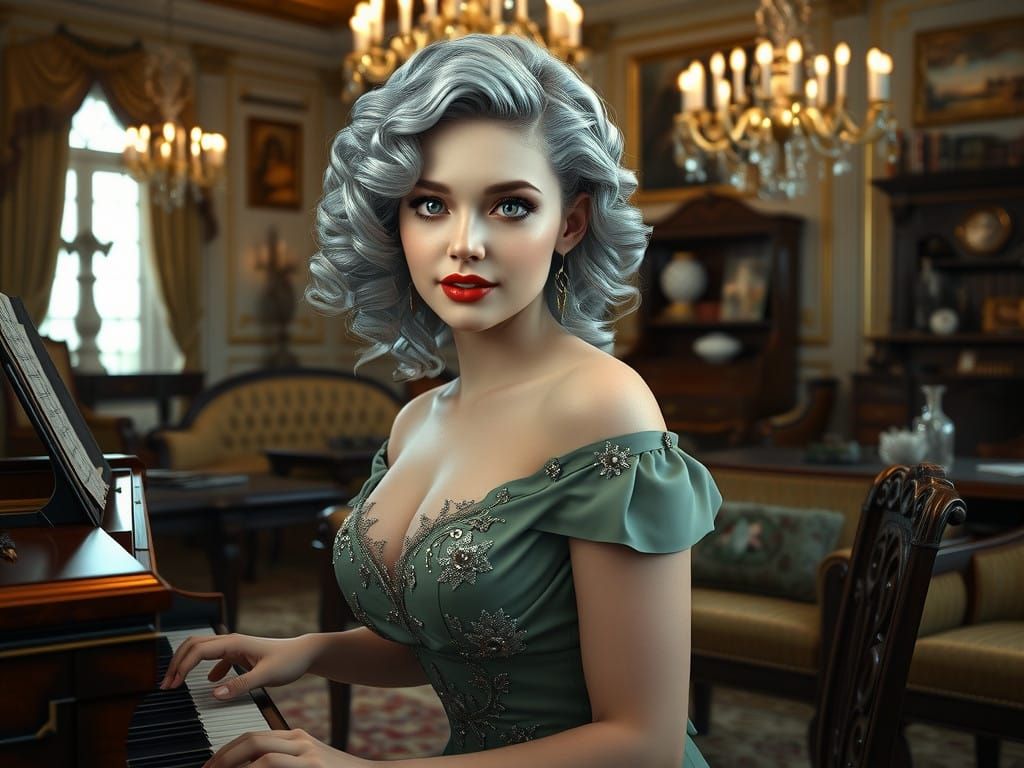 Elegant Georgian Lady Plays Piano in Luxurious Parlour