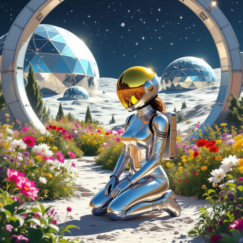 Lunar Gardener in Retrofuturistic Sci-Fi Landscape
