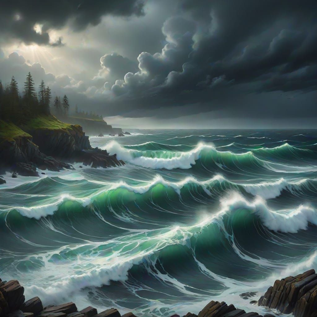 Nature's Symphony Over Stormy Sea in Painterly Style