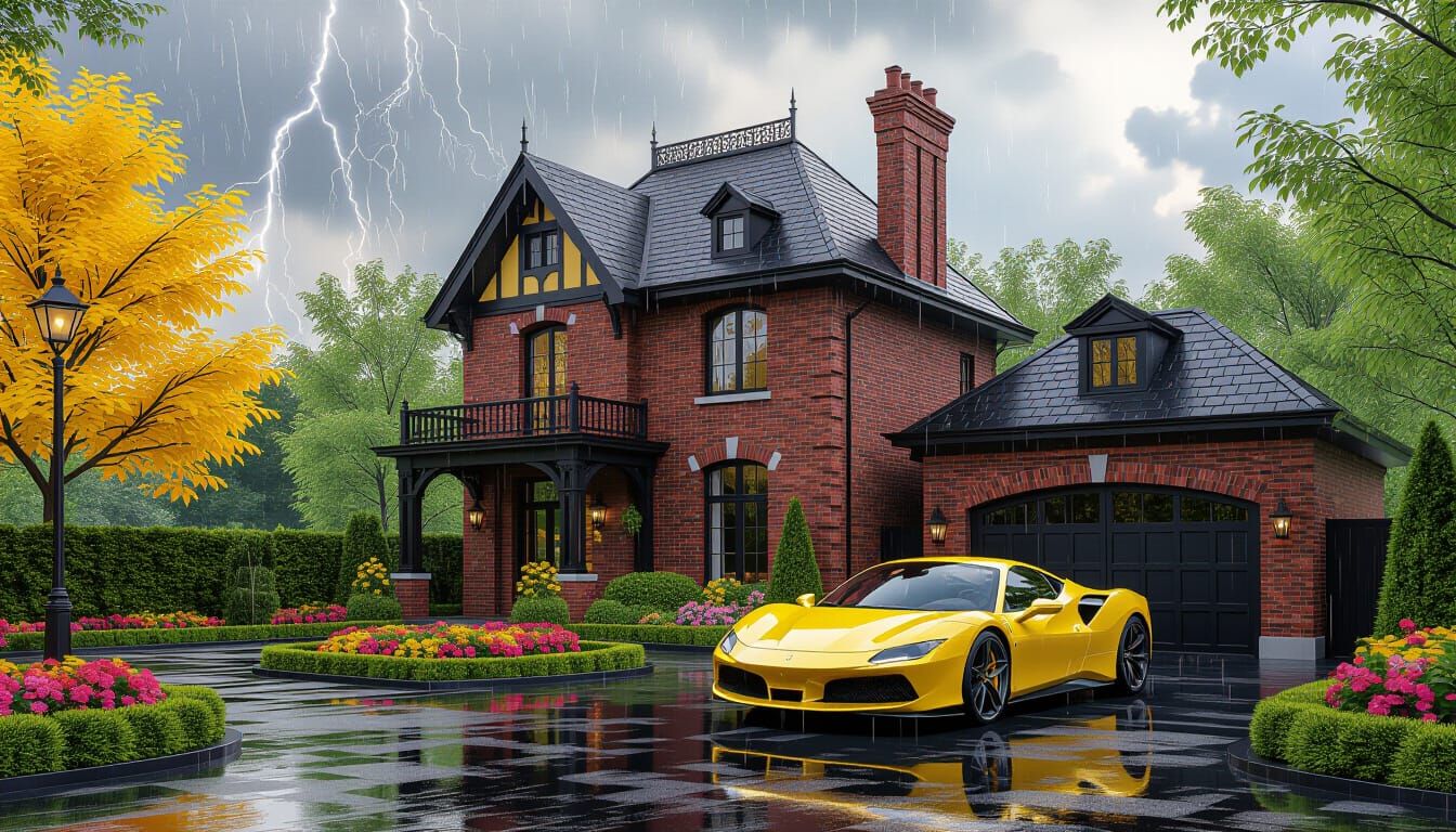 Victorian Chateau With Ferrari in Stormy Garden