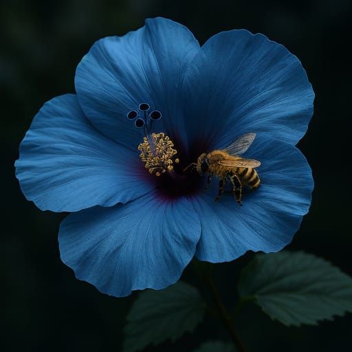 Blue Hibiscus Flower with Bee Portrait