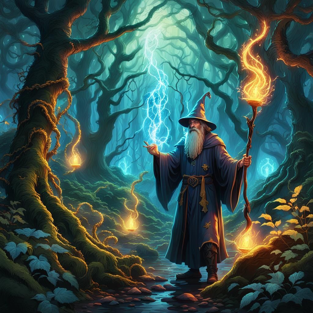 Wizard Casting Spell in Mystical Forest, Comic Book Art