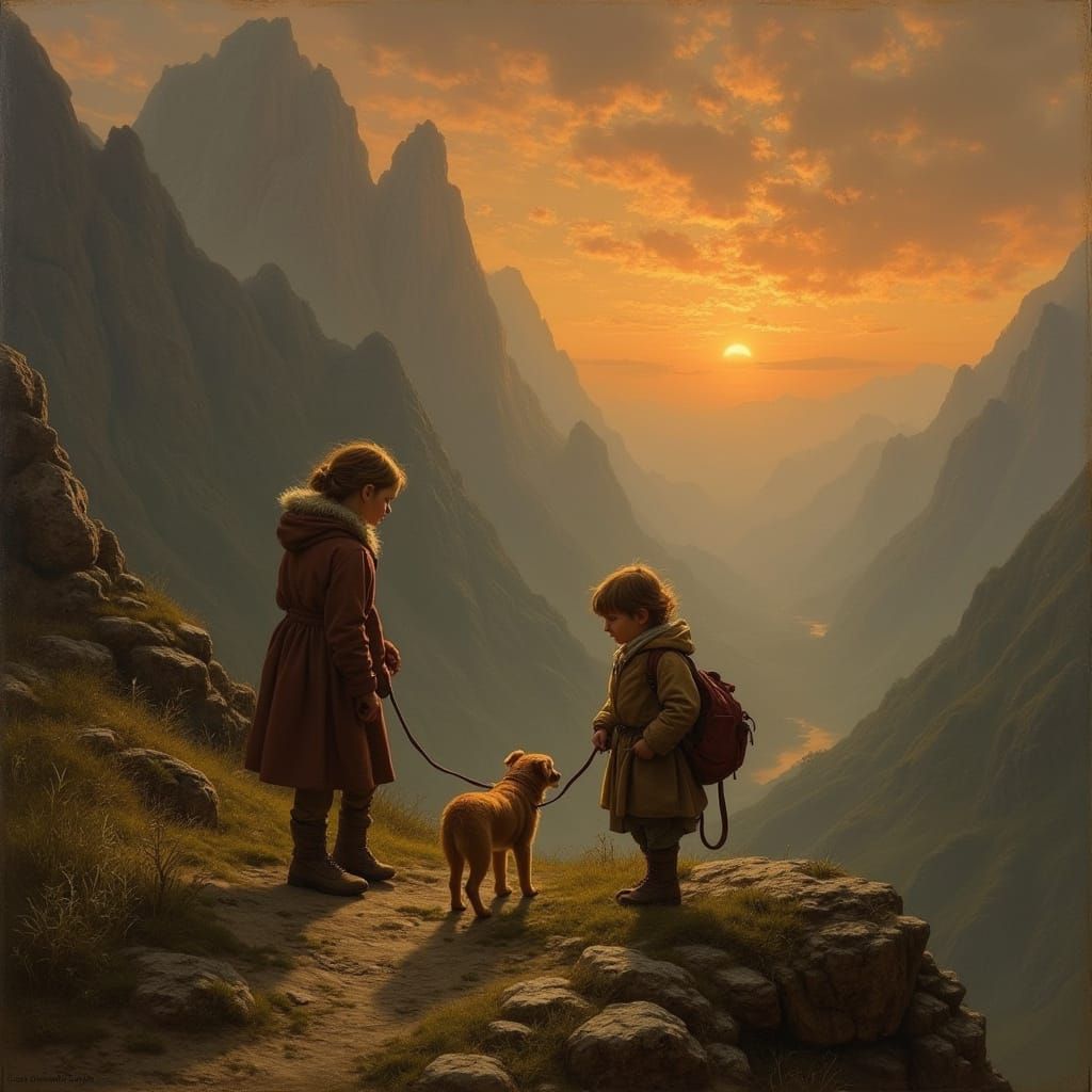 Whimsical Family Scene in a Misty Mountain Landscape