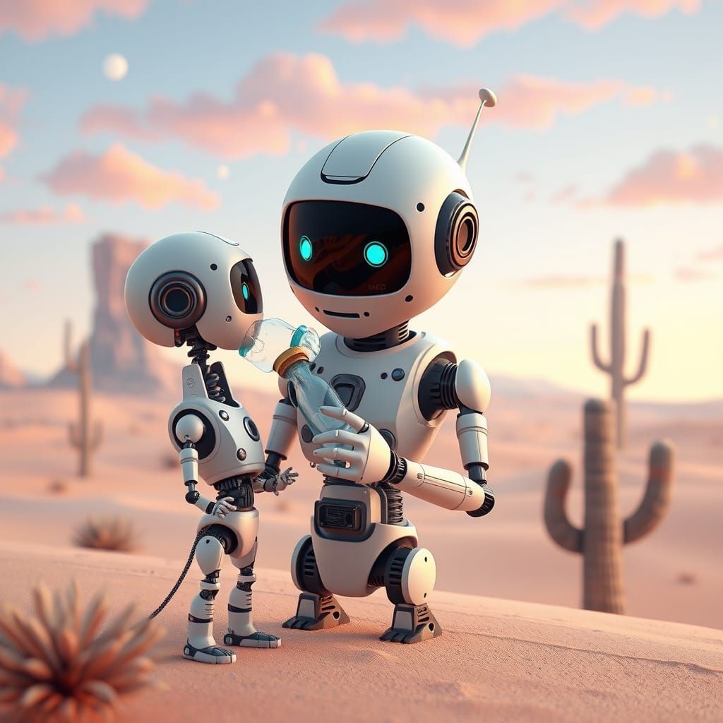 Whimsical Robot Family in Surreal Desert Wonderland