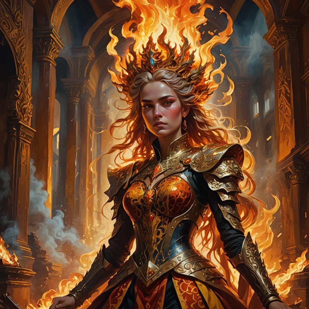 Fiery Queen in Burning Throne Room: Digital Fantasy Art