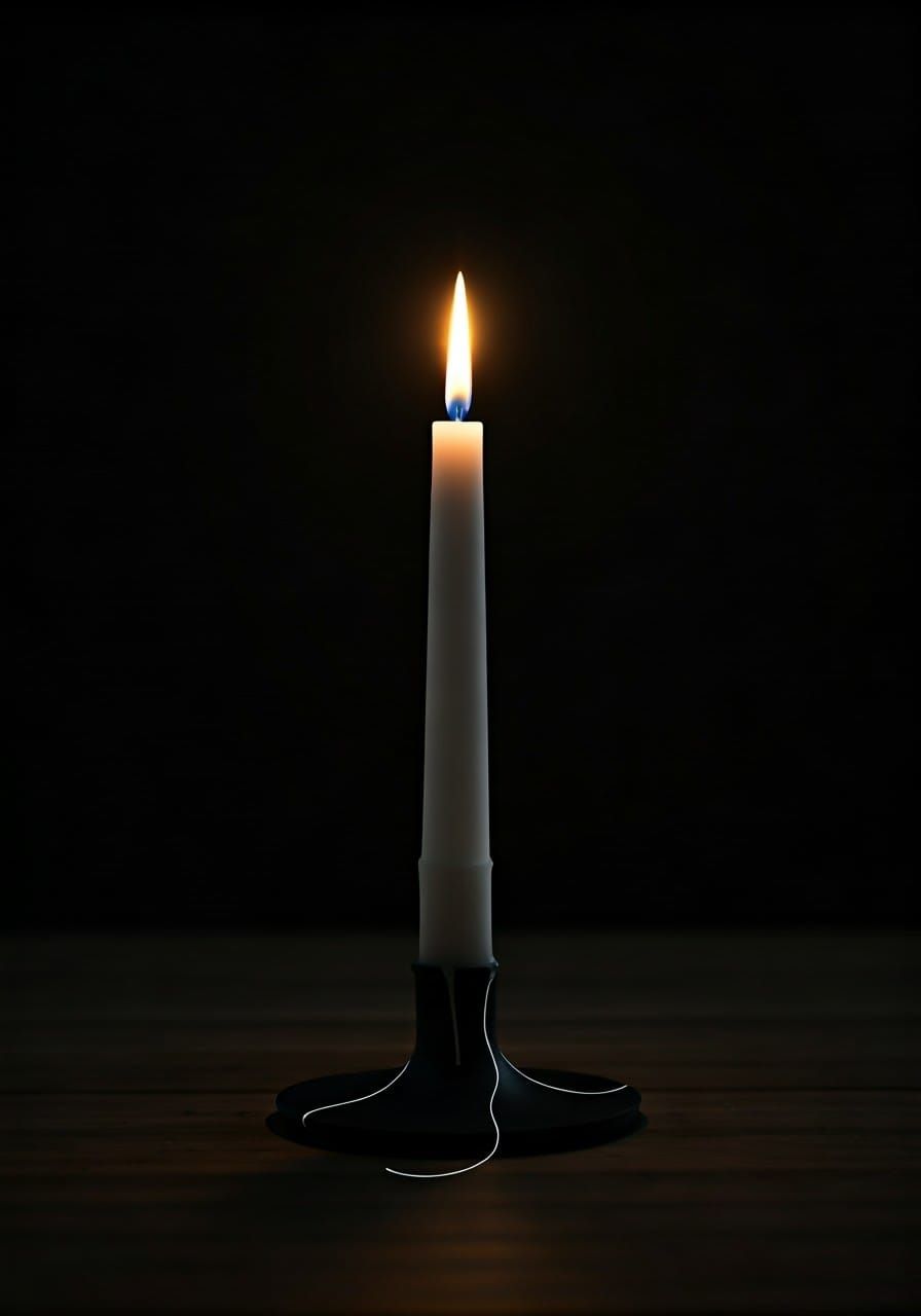 Minimalist, black background, a single white line forming the outline of a candle