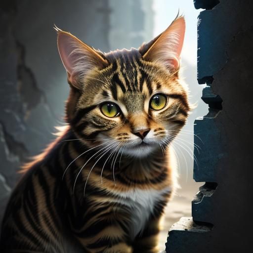 Hyperrealistic Tabby Cat Portrait with Cracked Wall