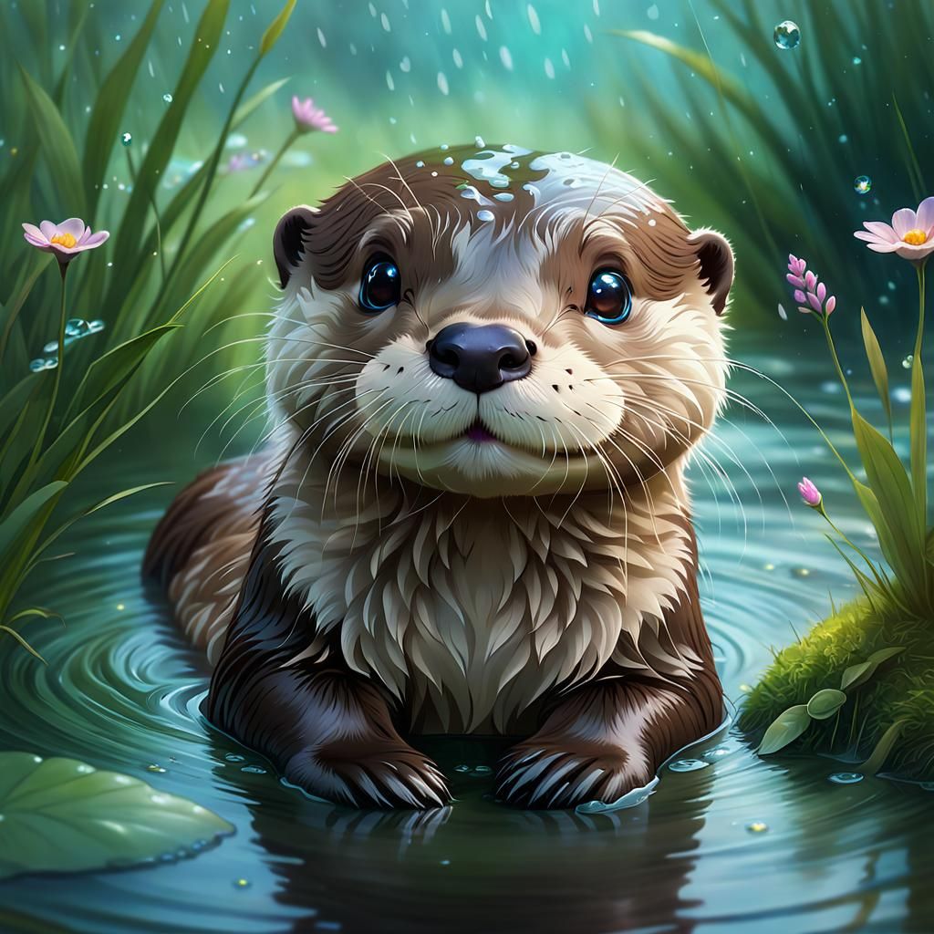 Cute Otter soaking up the raindrops.