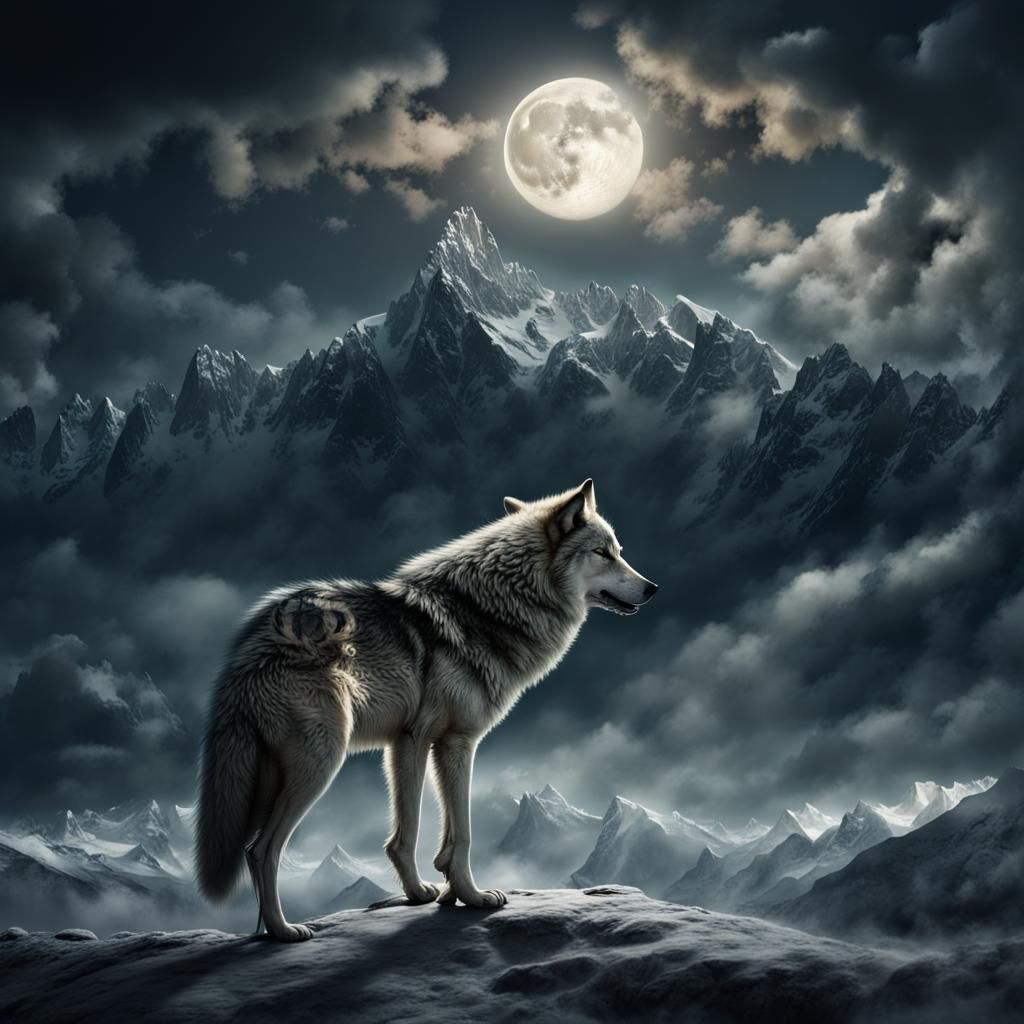 Wolf Howling at Moon in Dramatic Landscape