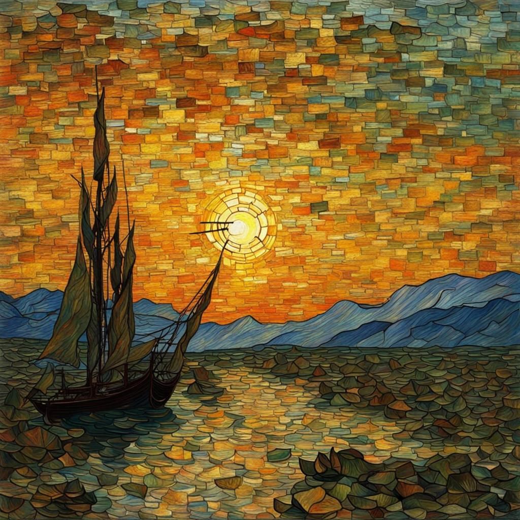 Sunset Through Cracked Glass in Van Gogh Style