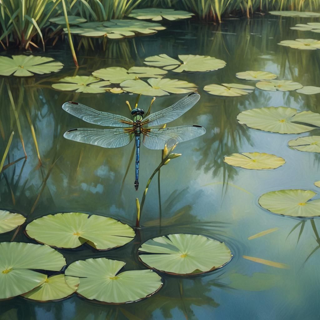 Impressionistic Dragonfly Perched on Lily Pad