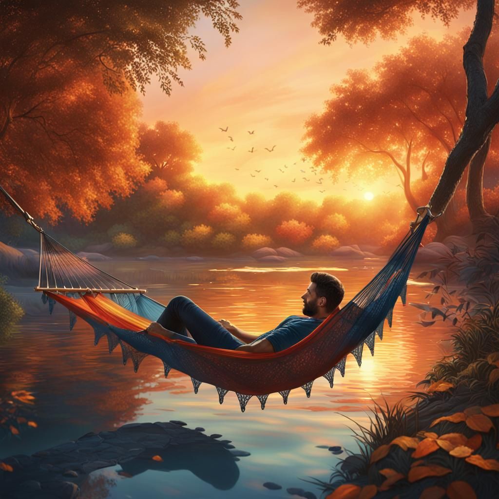 Serene Fantasy Riverbank Scene in Warm Sunset Light