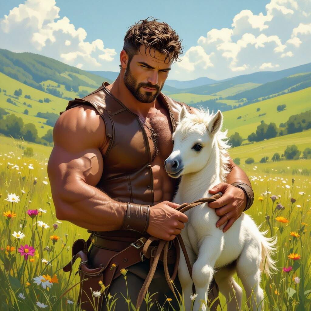 Muscular Man Affectionately Holds Adorable Foal