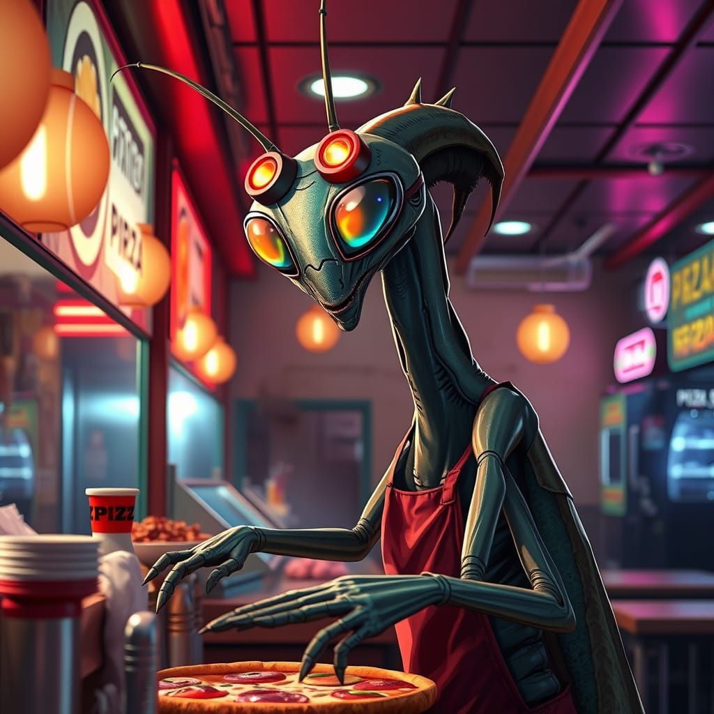 Mantis Alien Working in Pizza Restaurant