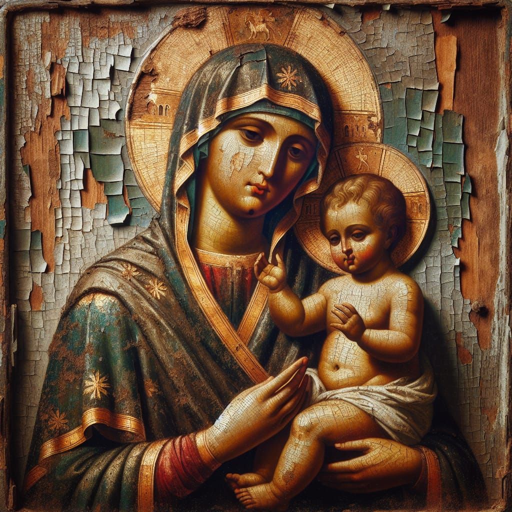 Vintage Icon of Virgin Mary with Jesus