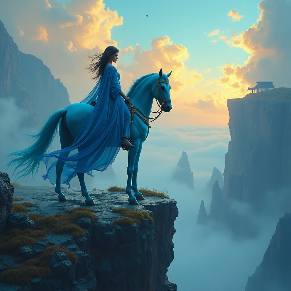 Majestic Woman on Horse Overlooking Mystical Realm