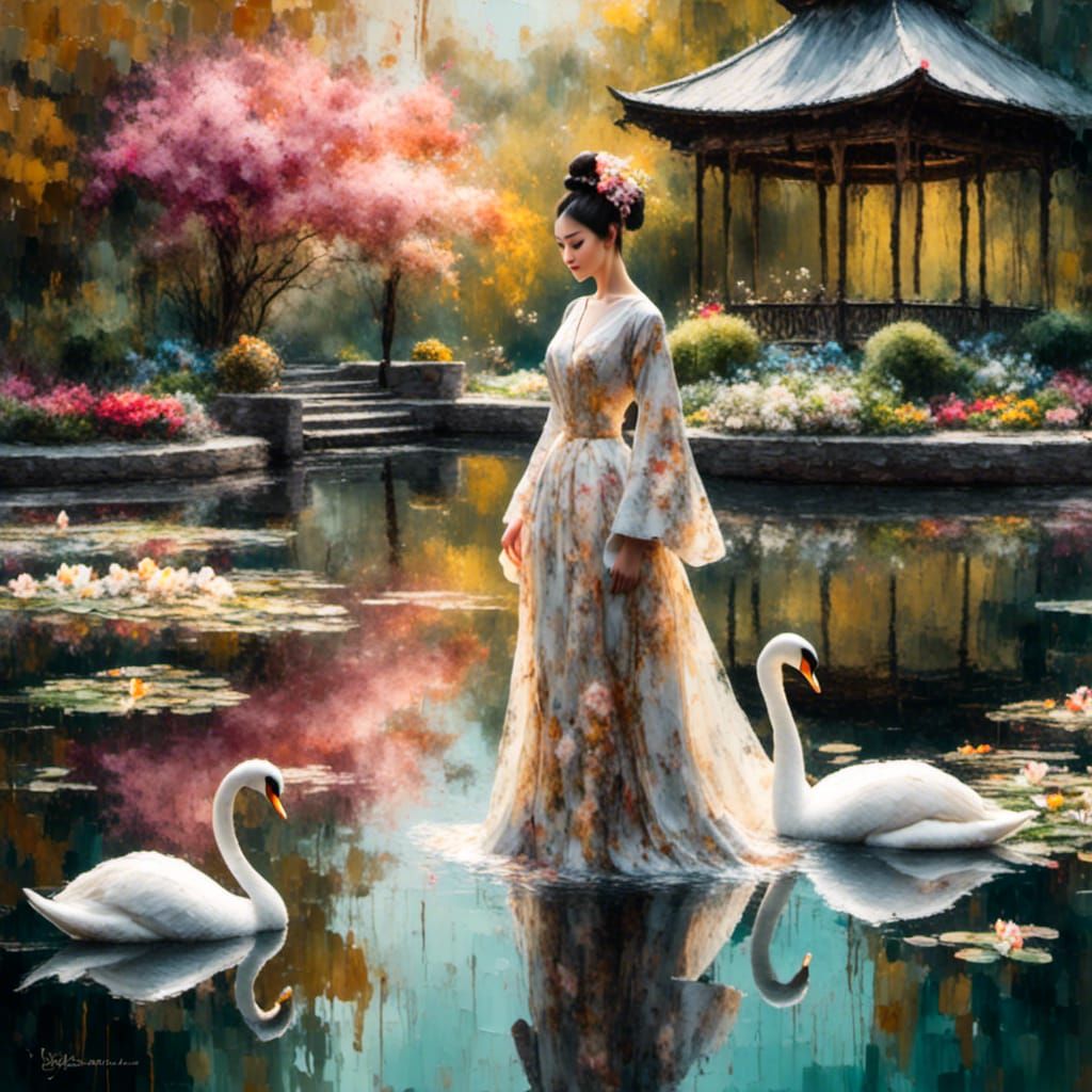 Woman and Swan in Impressionist Oil Painting