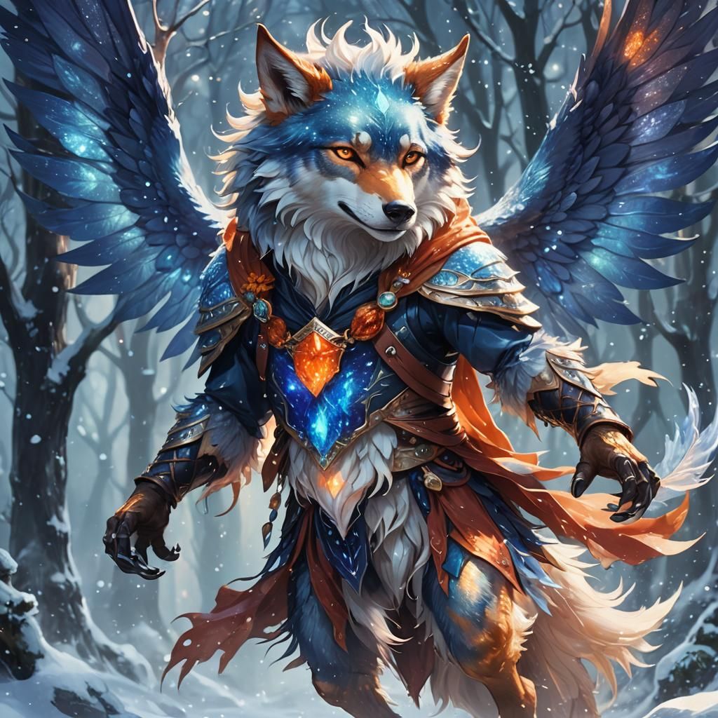 all vibrant swooshy wintery carnelian-indigo sparkle wings on an anthropomorphic wintery carnelian-indigo male fairy-Wol...