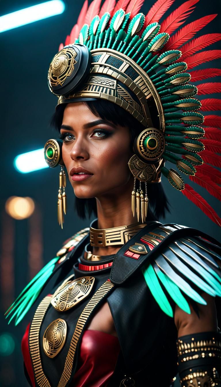 Aztec Warrior Woman in Cyberpunk Armor, 8K Render