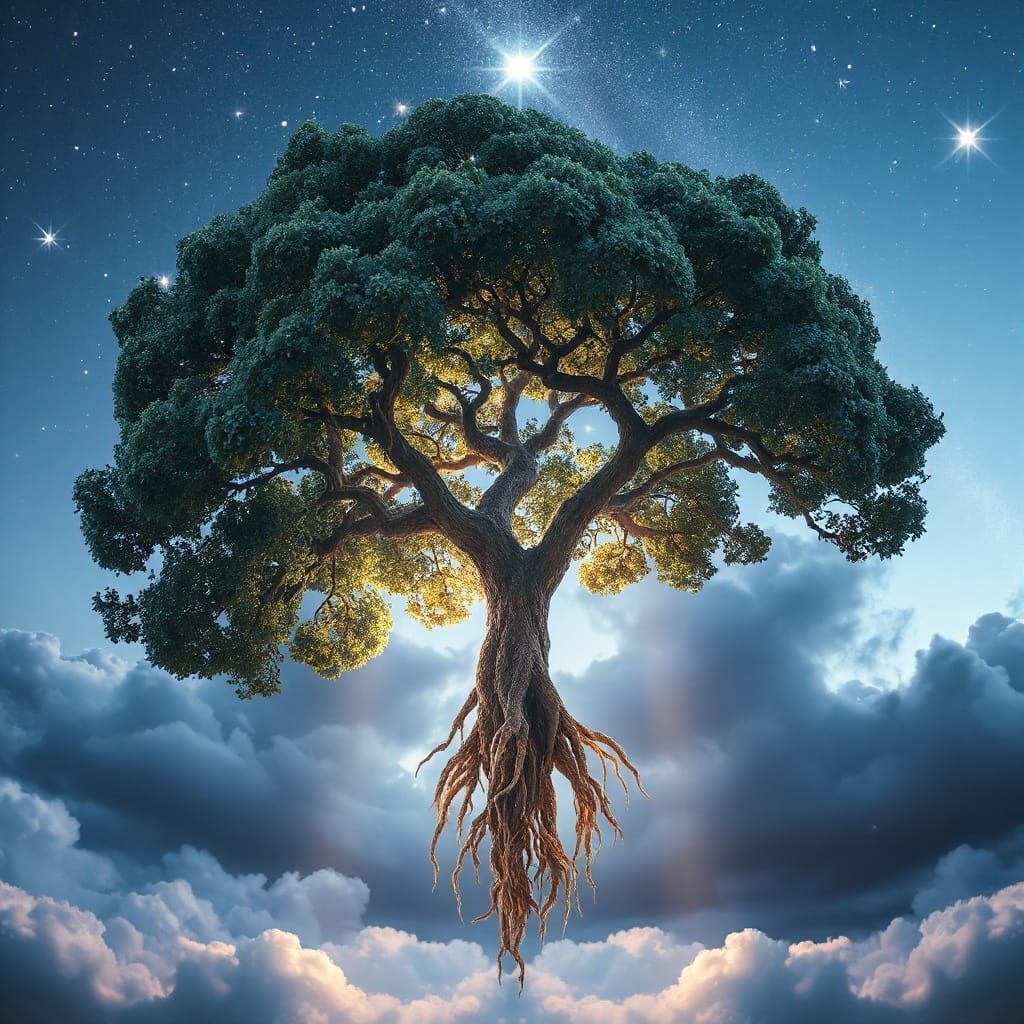 Hopeful Tree Blooms Among Celestial Beings in Soft Blue Hues