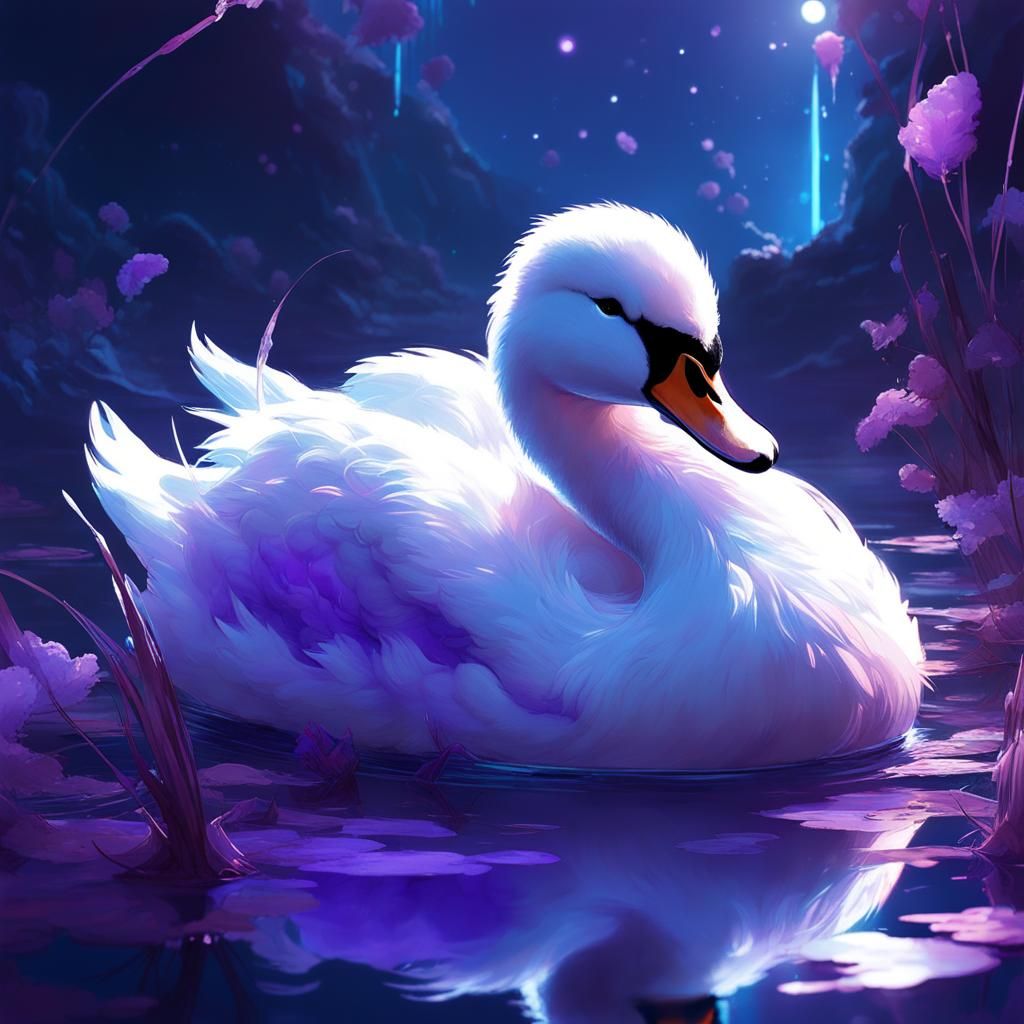 Cute Chibi Swan as Grape Cloud on Bioluminescent Lake