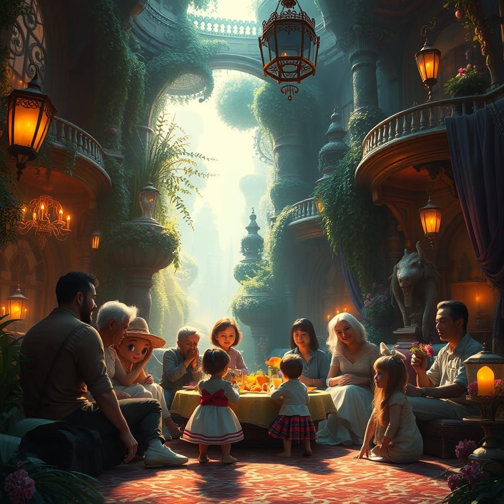 Grand Whimsical Family Gathering in a Fantastical Dreamlike....