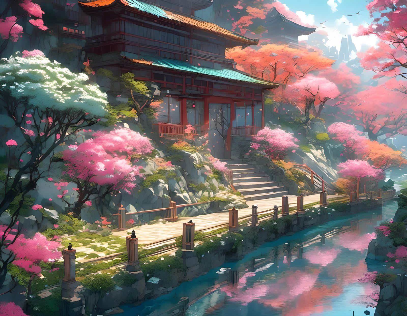 Japanese Volcano in Winter Night Cyberpunk Sketch