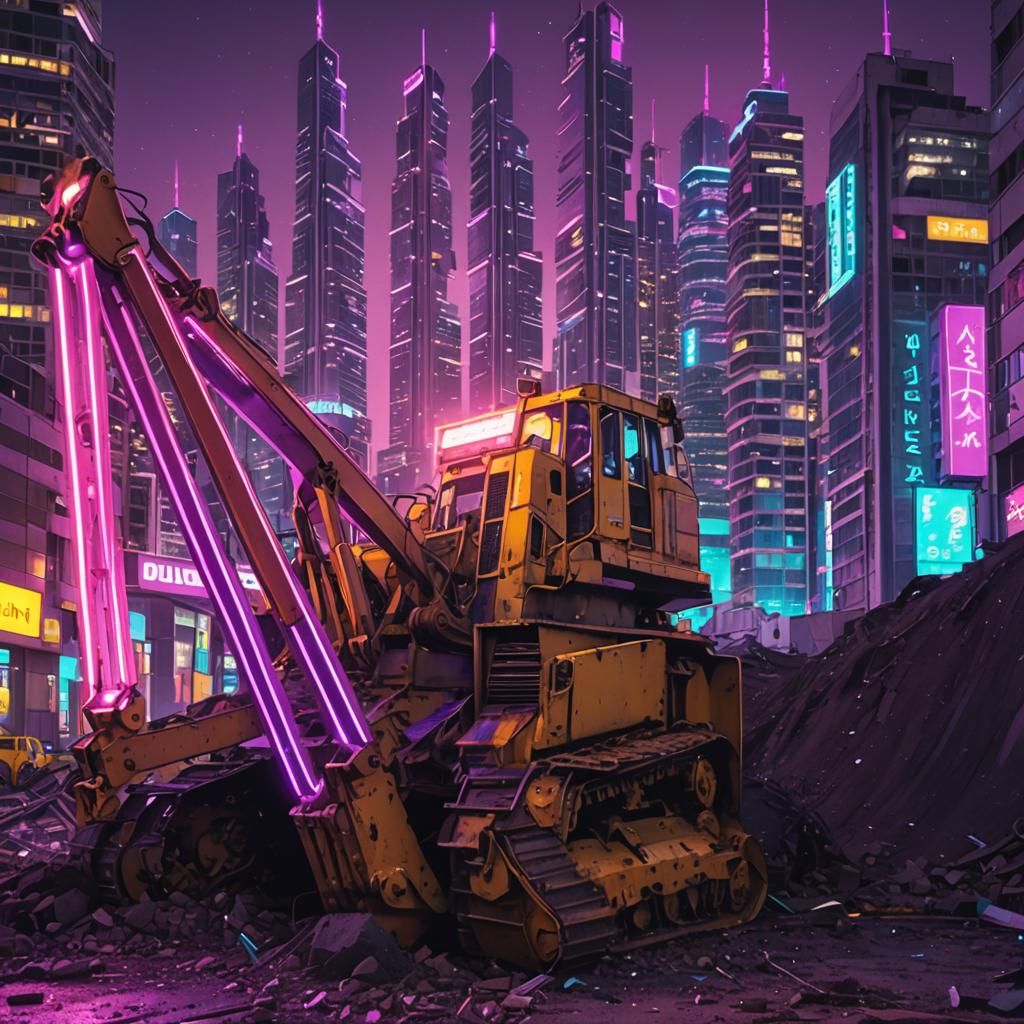 Neon-Lit Bulldozer in Dystopian Synthwave Cityscape