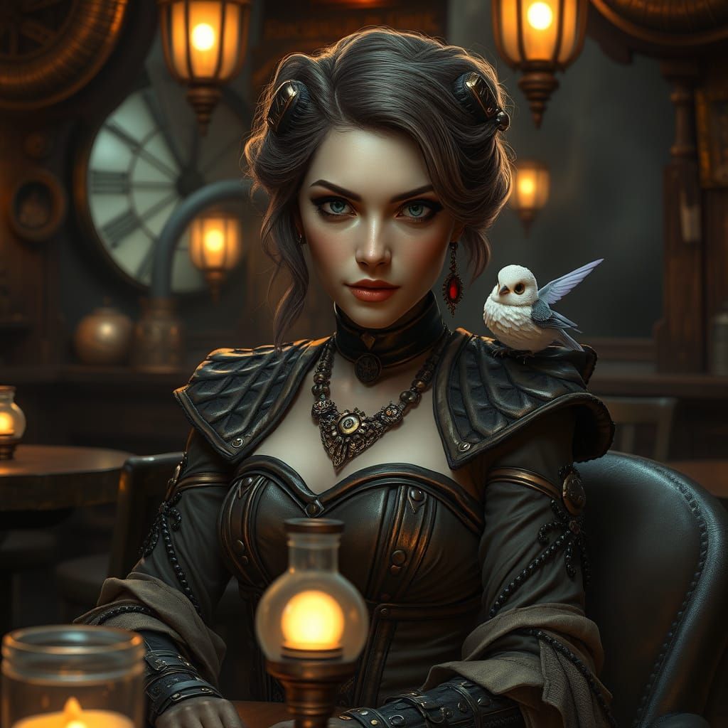 Steampunk Lady of Intrigue in a Smoky Tavern